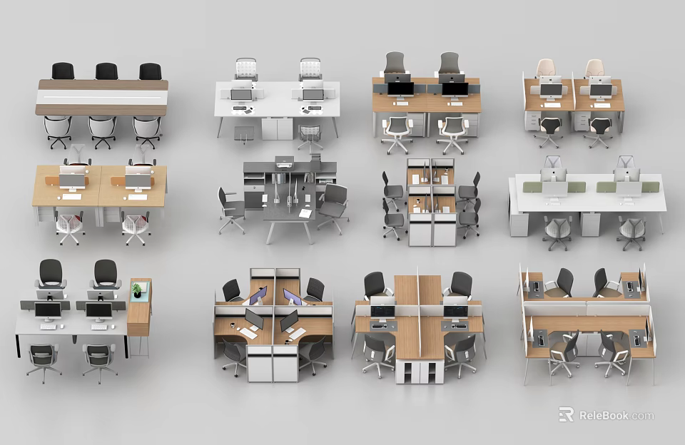 Modern Office Desk and Chair Sets With Various Configurations and Ergonomic Designs 3d model 