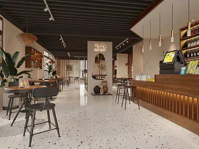 Warm Wooden Cafe Interior With Bar Counter Tables And Pendant Lights 3d model