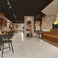 Warm Wooden Cafe Interior With Bar Counter Tables And Pendant Lights