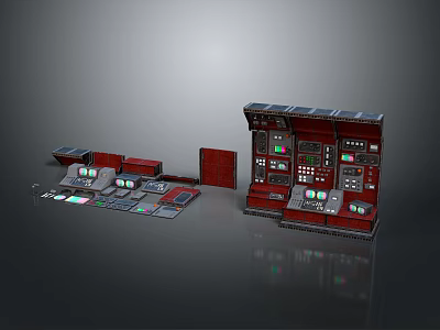 Red Control Console With Multiple Displays Buttons And Expanded Section On Dark Reflective Surface 3d model