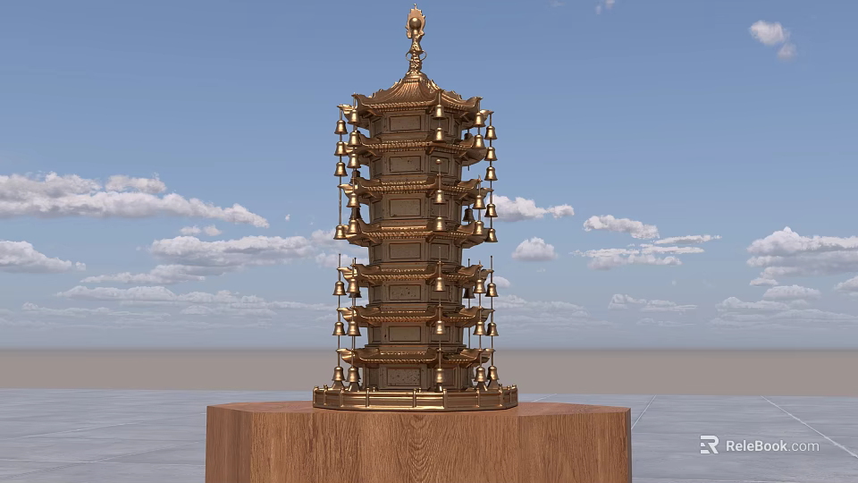 Golden Multi tiered Pagoda With Hanging Bells On Wooden Base Against Blue Sky And Clouds 3d model 