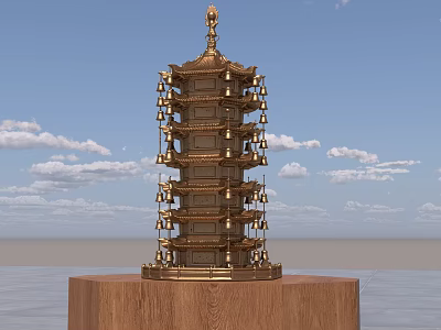 Golden Multi tiered Pagoda With Hanging Bells On Wooden Base Against Blue Sky And Clouds 3d model