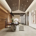 Chinese Teahouse Interior Design With Circular Mirror Rockery Green Plants Stone Mats And Wooden Ceiling