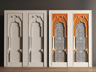 Grey And Orange Arched Doors With Intricate Decorative Patterns And Tile Decoration 3d model