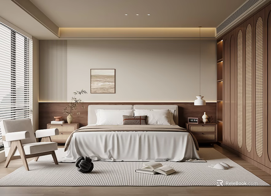 Modern Bedroom Interior Design With Large Bed White Bedding Bedside Tables And Wooden Wardrobe 3d model 