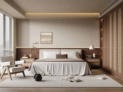 Modern Bedroom Interior Design With Large Bed White Bedding Bedside Tables And Wooden Wardrobe 3d model