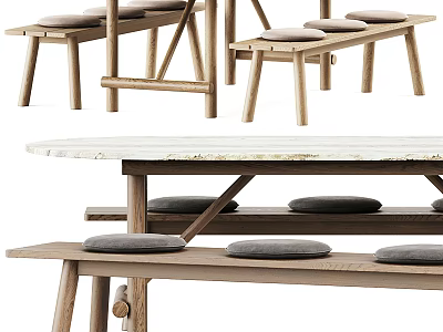 Simple Wooden Dining Table Set With Marble Top And Gray Cushioned Benches 3d model