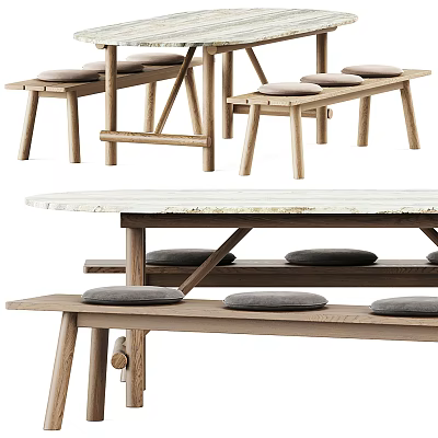 Simple Wooden Dining Table Set With Marble Top And Gray Cushioned Benches 3d model