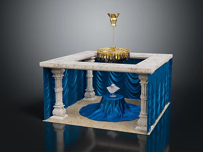 Elegant Display Cabinet with Blue Drapery Marble Top Carved Columns and Diamond Ring 3d model
