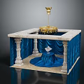 Elegant Display Cabinet with Blue Drapery Marble Top Carved Columns and Diamond Ring