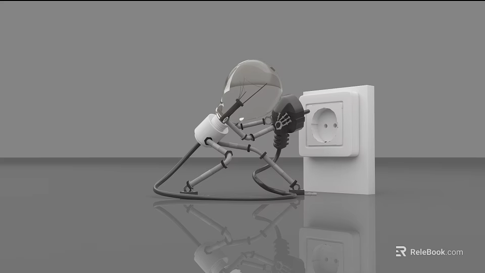 Light Bulb Robot With Plug Plugging Into White Power Outlet On Gray Surface With Reflection 3d model