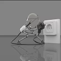 Light Bulb Robot With Plug Plugging Into White Power Outlet On Gray Surface With Reflection 3d model
