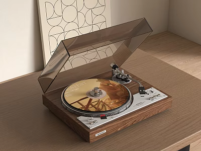 Modern Vinyl Record Player with Transparent Cover and Golden Vinyl on Wooden Table Interior 3d model
