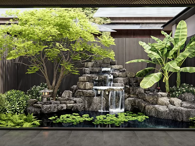 Water Fountain With Rock Formations Waterfall And Water Lilies In Serene Garden 3d model