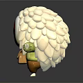 Cartoon Creature With White Fluffy Fur Red Circle Face Green Arms And Brown Bag