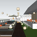Roof Garden With Outdoor Dining Seating Green Plants Evening Lighting And City View