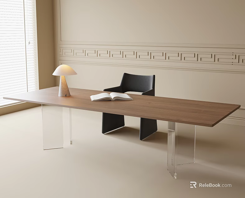 Minimalist Wooden Table With Black Chair Clear Legs Table Lamp Open Book And Window Blinds 3d model 