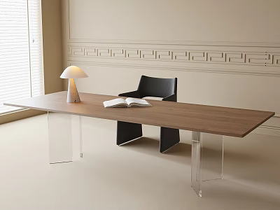Minimalist Wooden Table With Black Chair Clear Legs Table Lamp Open Book And Window Blinds 3d model