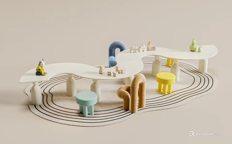 Curved White Kids Table with Multicolored Stools Building Blocks and Toy Figures on Striped Rug 3d model 