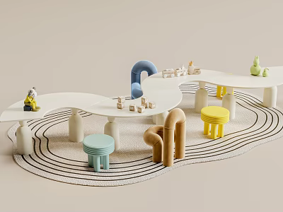 Curved White Kids Table with Multicolored Stools Building Blocks and Toy Figures on Striped Rug 3d model