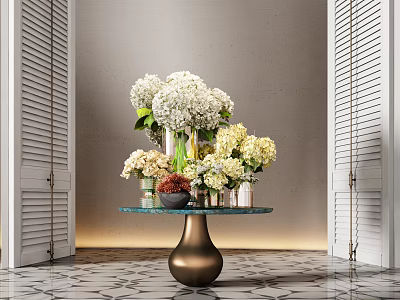 Elegant Vase With White And Yellow Flowers On Glass Top Table Against White Shutters 3d model