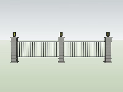 Modern Metal Fence with Gray Pillars Black Railings and Lamp Posts 3d model