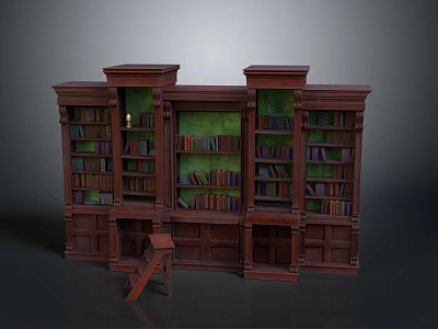 Large Wooden Bookshelf Furniture With Multiple Compartments Filled With Books And Small Wooden Stool 3d model