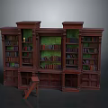 Large Wooden Bookshelf Furniture With Multiple Compartments Filled With Books And Small Wooden Stool