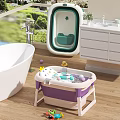 Purple and Pink Baby Bathtub with Bath Toys for Daily Washing Essentials in Bathroom