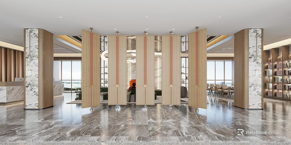 Modern Hotel Lobby Interior With Marble Floor Wooden Partitions And Chandelier 3d model 