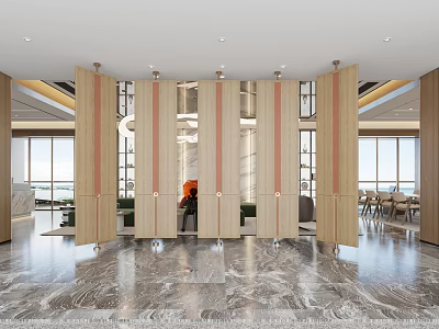 Modern Hotel Lobby Interior With Marble Floor Wooden Partitions And Chandelier 3d model