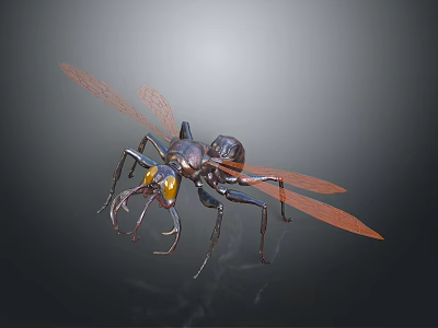 Futuristic Hybrid Insect Creature With Orange Wings Black Body Yellow Eyes and Long Legs 3d model