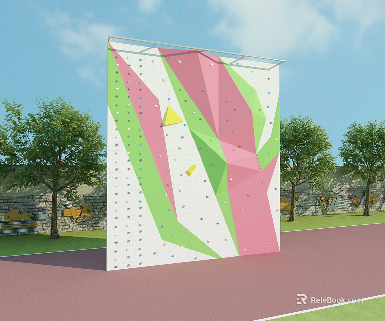 Outdoor Sports Equipment Climbing Wall with Colorful Pink Green Geometric Shapes Near Trees and Running Track 3d model 