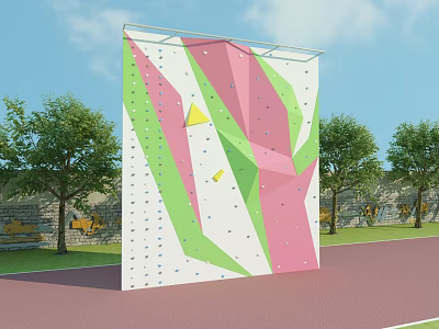 Outdoor Sports Equipment Climbing Wall with Colorful Pink Green Geometric Shapes Near Trees and Running Track 3d model