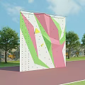 Outdoor Sports Equipment Climbing Wall with Colorful Pink Green Geometric Shapes Near Trees and Running Track