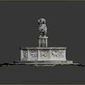 Traditional Stone Lion Fountain With Circular Base Carved Patterns And Green Grass