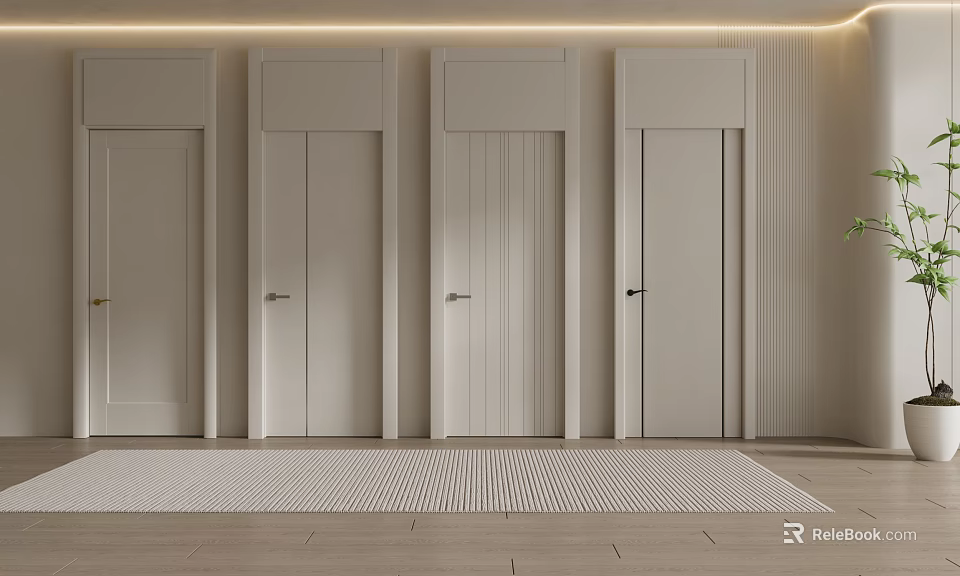 Modern Minimalist Interior With Four Light Colored Hinged Doors Different Designs 3d model 