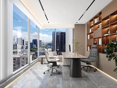 Modern Office Interior With Large Windows City View Desk Chairs Bookshelves And Plants 3d model