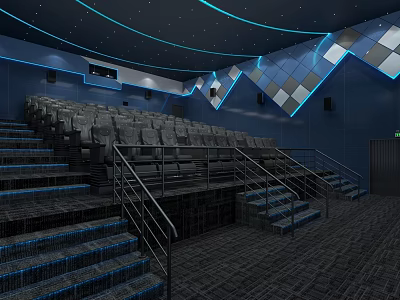 Cinema Interior Design With Stadium Seats Blue Lighting Diamond Pattern Walls Metal Railings Dark Carpet 3d model