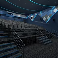 Cinema Interior Design With Stadium Seats Blue Lighting Diamond Pattern Walls Metal Railings Dark Carpet