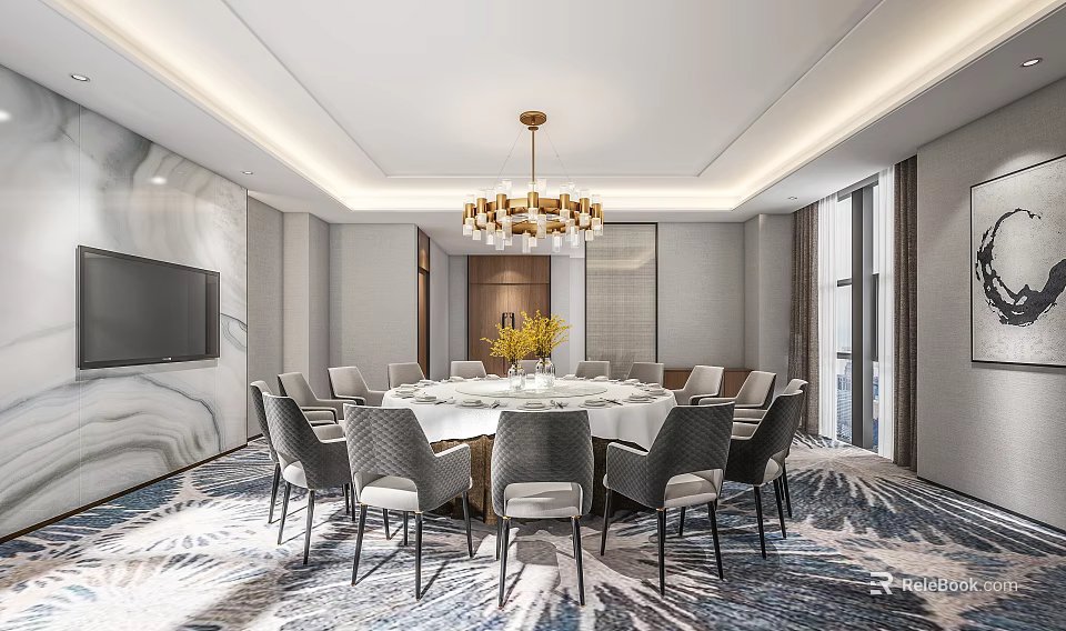 Private Dining Room Interior With Round Table Chairs Golden Chandelier Yellow Flowers And Marble Wall 3d model 