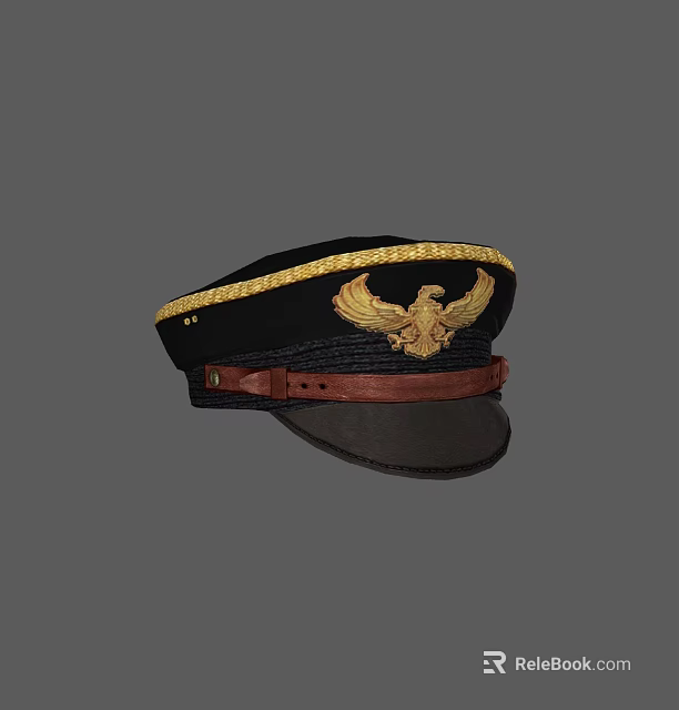 Black Military Style Hat With Golden Eagle Emblem Gold Trim And Brown Leather Strap 3d model 