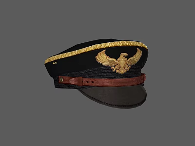 Black Military Style Hat With Golden Eagle Emblem Gold Trim And Brown Leather Strap 3d model