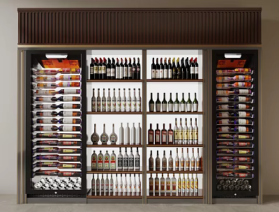 Modern Dark Wood Wine Cabinet with Multiple Shelves Filled with Wine Bottles 3d model