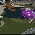 Amusement Park Featuring Purple Spherical Ride Ferris Wheel Pond And Green Lawn