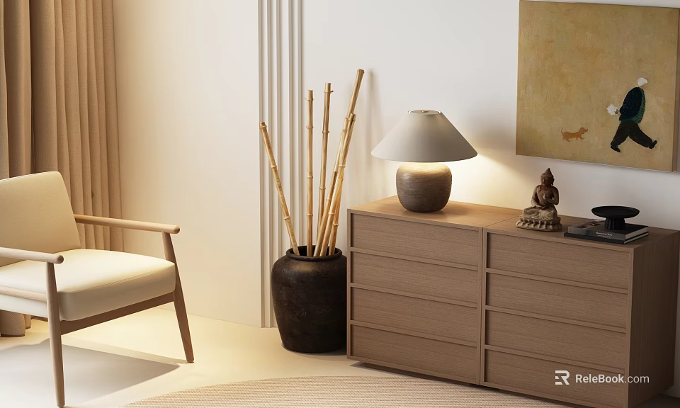 Modern Chest of Drawers with Bamboo Sticks in Clay Pot Table Lamp and Buddha Statue 3d model 