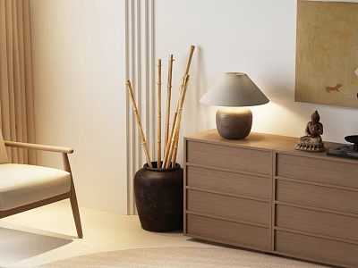 Modern Chest of Drawers with Bamboo Sticks in Clay Pot Table Lamp and Buddha Statue 3d model