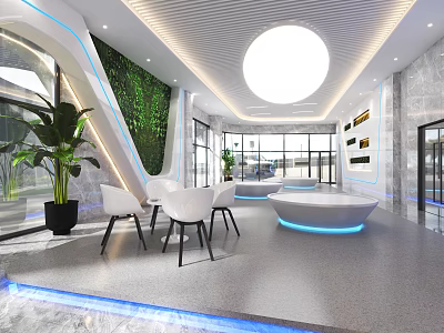 Modern Lounge with Green Living Wall White Furniture Blue LED Lighting Marble Walls and Large Windows 3d model