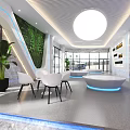 Modern Lounge with Green Living Wall White Furniture Blue LED Lighting Marble Walls and Large Windows