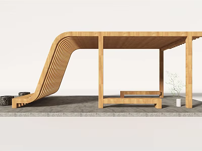 Modern Wooden Pergola With Curved Structure Outdoor Concrete Floor And Small Plant 3d model